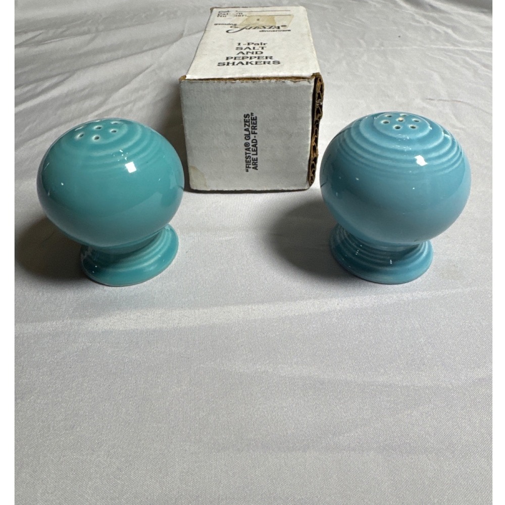 Fiesta Salt and Pepper Shakers Turquoise Excellent Art Deco Ceramic Set with Box